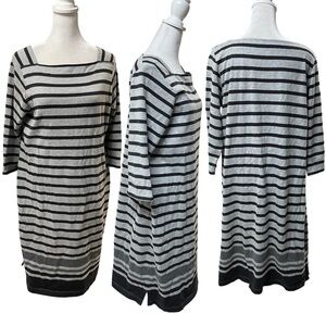 L.L. Bean Gray & Black Striped 3/4 Sleeve Knit Knee Length Sweater Dress Size M